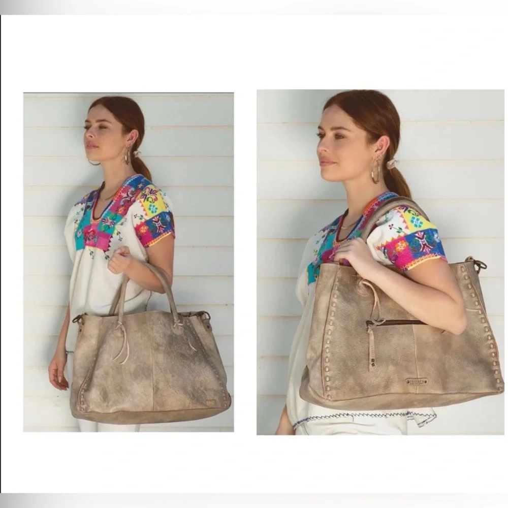 NWOT Bed Stu Leather Rockaway Shoulder Bag Crossbody Tote Taupe Driftwood $345 - Picture 13 of 13